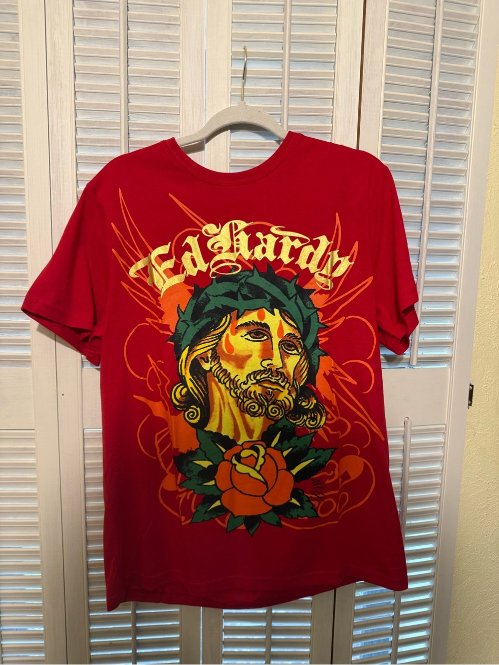 Ed Hardy Red Short-Sleeve Graphic Tee with Gold Script and Multi-Color Artwork